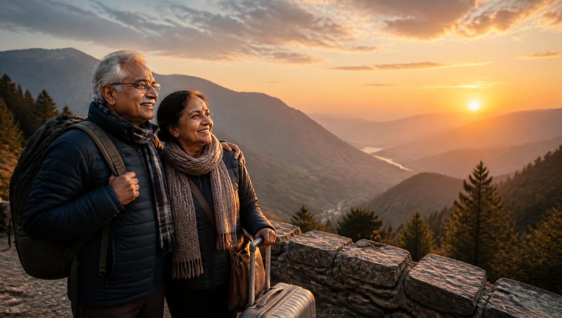 Senior couple enjoying a mountain sunrise on a CARVANN tour